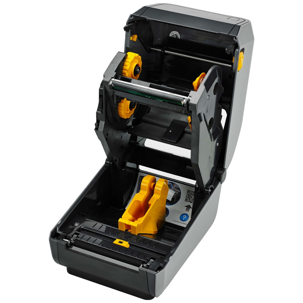Impressora Zebra ZD621T da Fábrica das etiquetas, vista frontal com painel de controle e bobina de impressão visível.