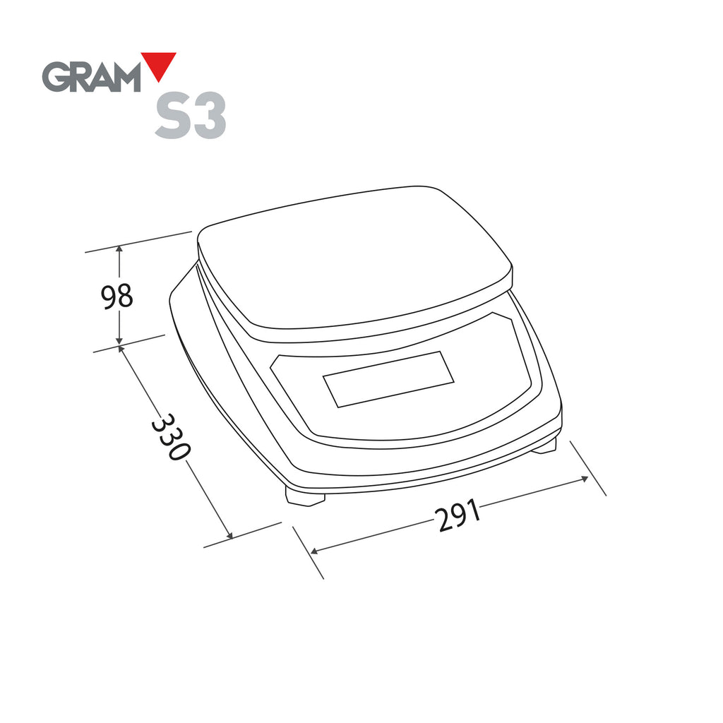 Balança GRAM S3 da Fábrica das Etiquetas, mostrada com visor digital e plataforma de pesagem compacta em ambiente industrial.