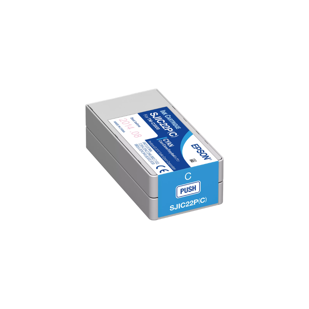 Cartucho de tinta cyan para impressora Epson C3500, marca Fábrica das Etiquetas, mostrando o tubo de tinta e embalagem.