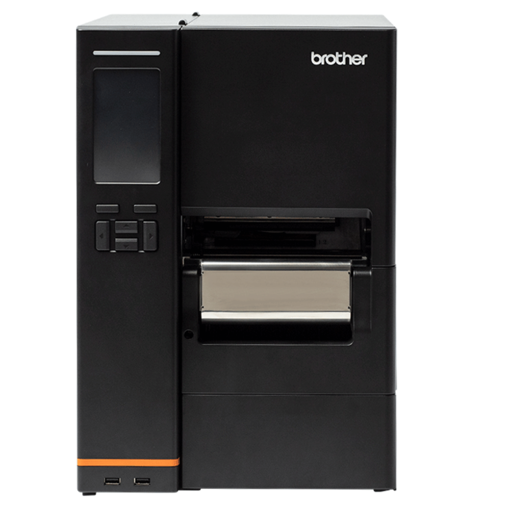 Impressora Brother TJ-4422TN da Fábrica das Etiquetas com design de etiquetas em papel e configurações visíveis.