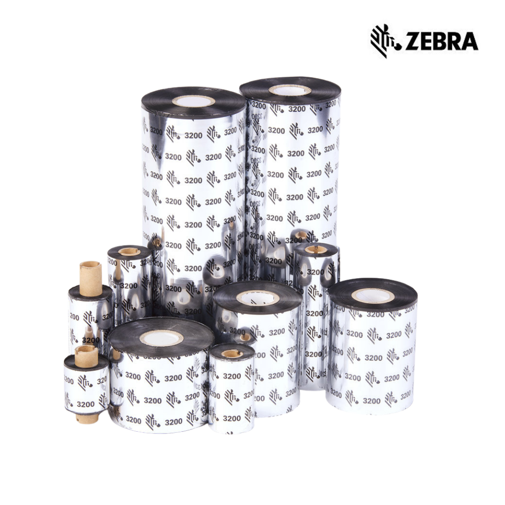 Fitas de carbono Zebra 3200 Cera Resina da Fábrica das Etiquetas, com design de fita de carbono e detalhes de resina.