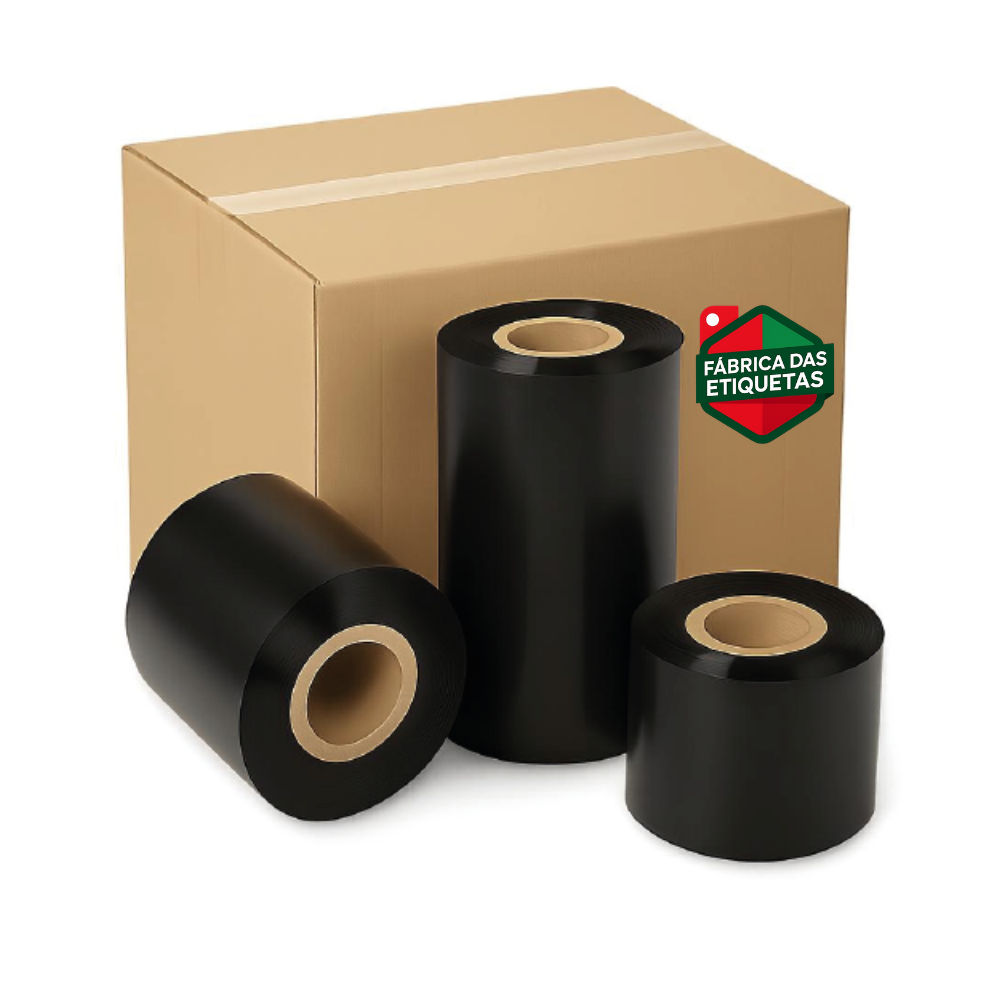 Fitas de carbono, cera e resina da Fábrica das Etiquetas, 12 rolos, mostradas em uma imagem.