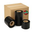 Fitas de carbono de cera da Fábrica das Etiquetas, 12 rolos, exibidas em embalagem com várias fitas coloridas.
