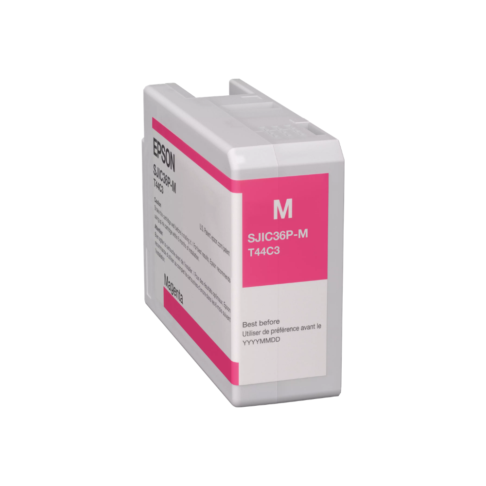 Cartucho de tinta magenta para impressora Epson C6000 C6500, marca Fábrica das etiquetas, mostrado em embalagem com tinta magenta.