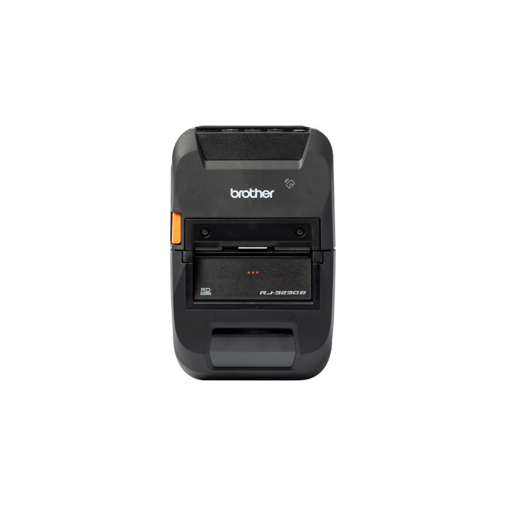 Impressora portátil Brother RJ-3230BL da Fábrica das Etiquetas, vista frontal com acabamento em preto e detalhes em azul