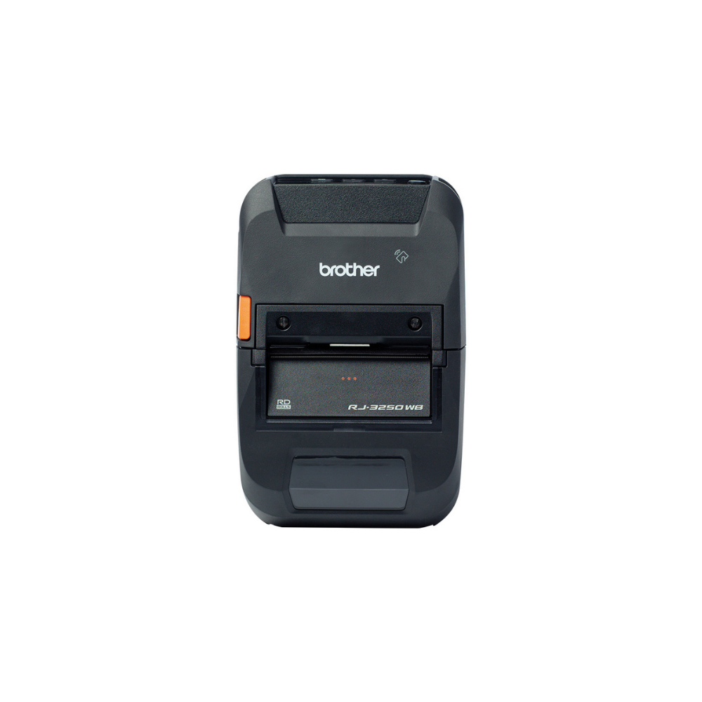 Impressora de etiquetas Brother RJ-3250WBL da Fábrica das etiquetas, vista frontal com visor e botões de operação.