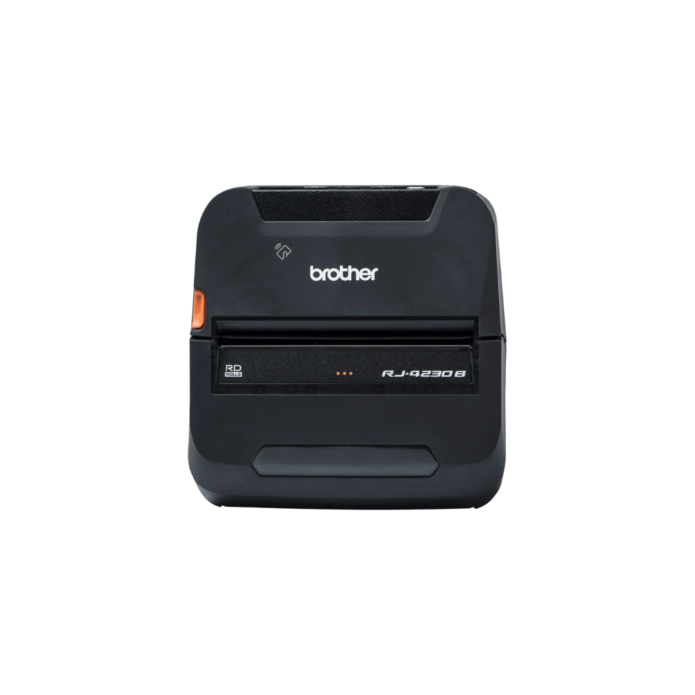 Etiquetadora Brother RJ-4230B da Fábrica das Etiquetas, mostrada com tela e botões no painel frontal.