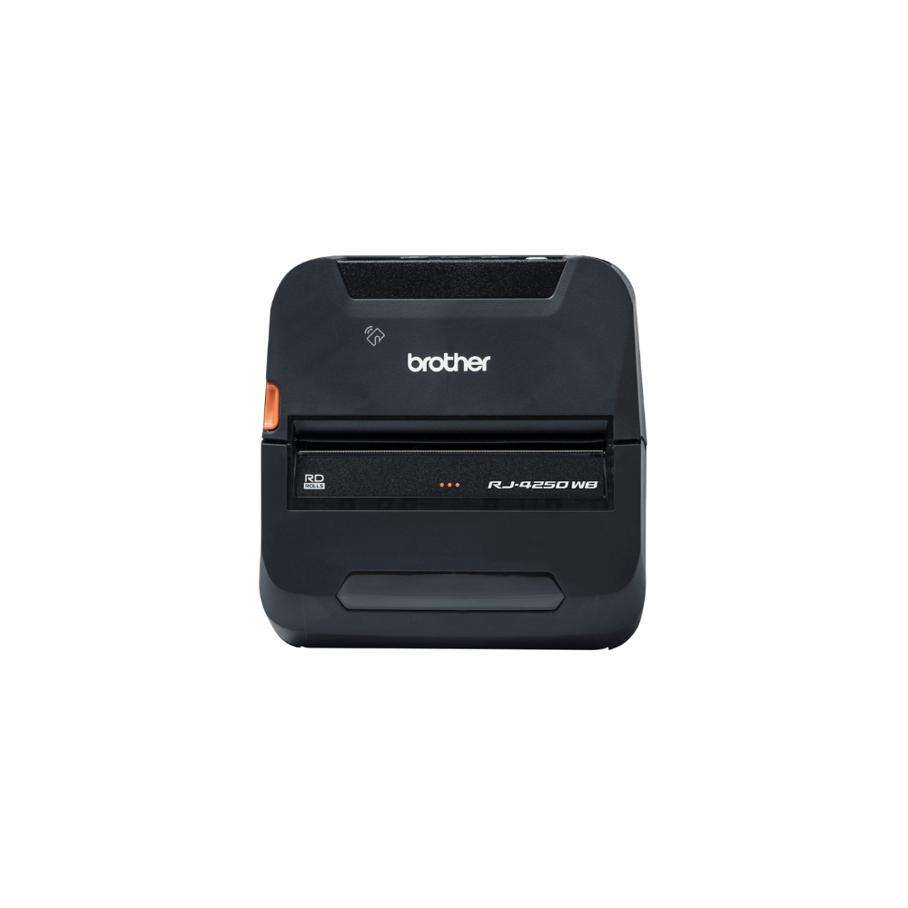 Impressora de etiquetas Brother RJ-4250WB da Fábrica das Etiquetas, vista frontal com tela e botões de controlo