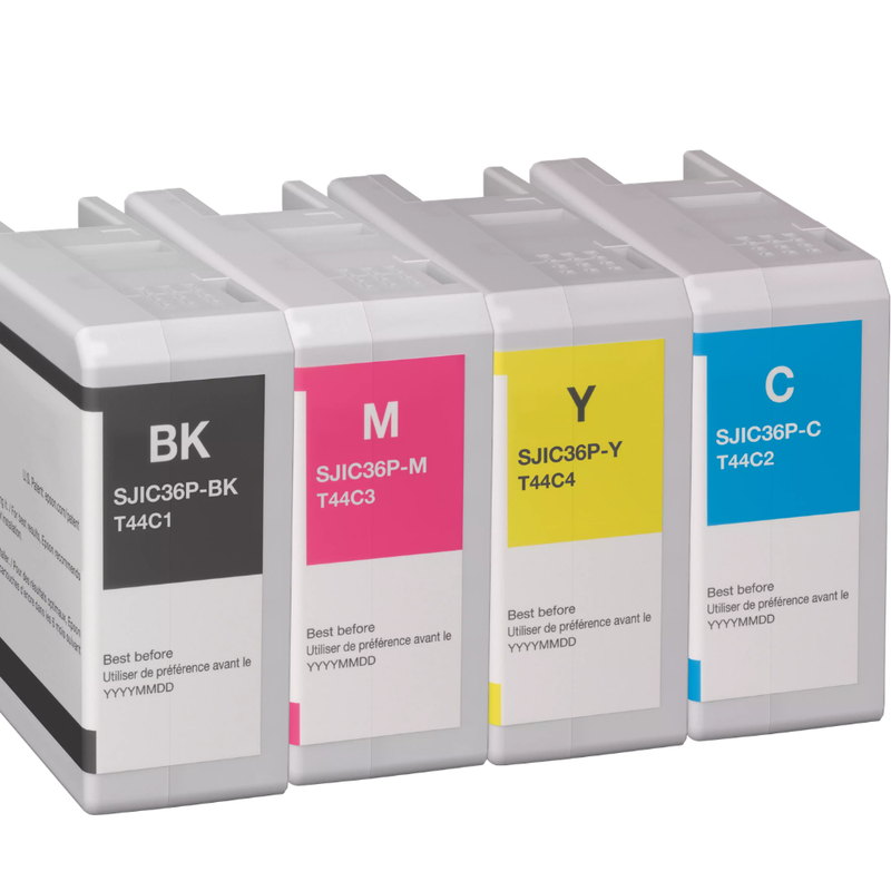 Cartucho de tinta EPSON C6000 C6500, Fábrica das etiquetas, com várias cores visíveis em embalagem de cartucho de tinta.