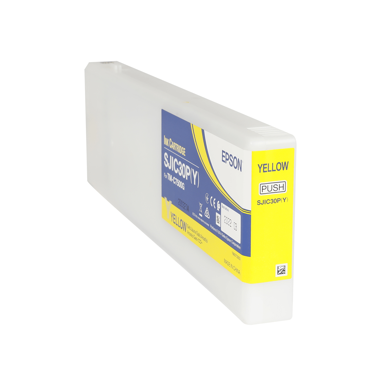 Cartucho de tinta amarela Epson C7500 C7500G, produzido pela Fábrica das Etiquetas, mostrado na imagem.