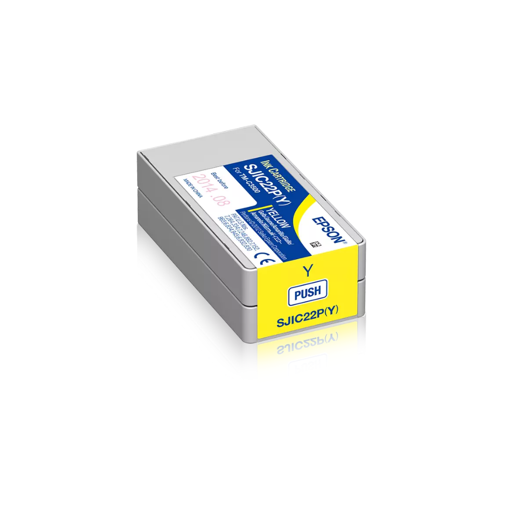 Cartucho de tinta amarela EPSON C3500 da Fábrica das Etiquetas, mostra o recipiente de tinta amarela.