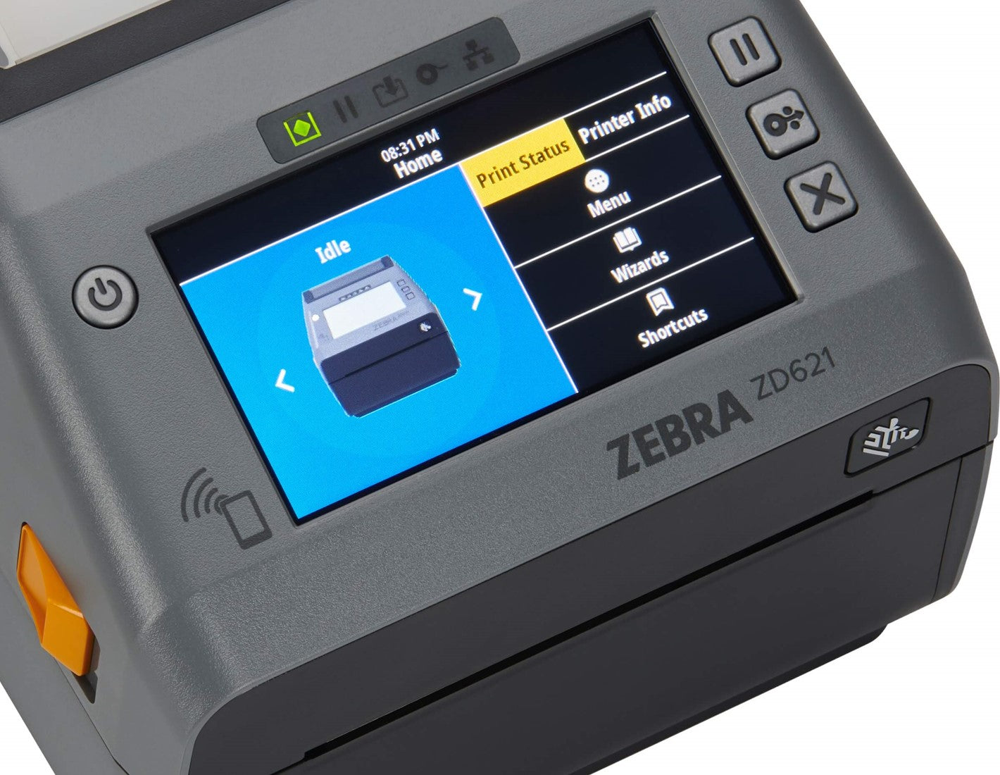 Impressora Zebra ZD621T com tela sensível ao toque e design compacto, ideal para etiquetas e impressões profissionais.